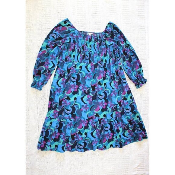 Terra & Sky Multicolor Blue Peasant Midi Dress Plus 4X Square Neck Long Sleeves - Picture 6 of 12